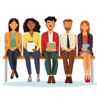 A diverse group of individuals patiently waiting for a job interview in a modern setting, file no background Diverse people waiting for a job interview png