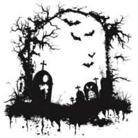 Spooky Halloween rectangular frame featuring graves, bats, and eerie trees for festive decoration, Halloween Themed Rectangular Frame Spooky Clipart Isolated on transparent background png