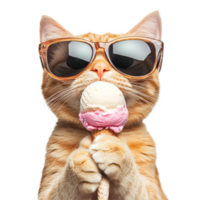 A funny cat with sunglasses enjoys licking ice cream in a casual summer setting, Funny cat wearing sunglasses, licking ice cream, transparent background png