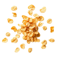 Golden corn flakes scattered artistically on a clean transparent background, showcasing their crisp texture and delightful appearance, corn flakes on transparent background png