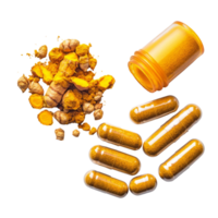 Turmeric root powder and capsules displayed on a transparent background for dietary supplement review, Turmeric and turmeric capsules on transparent background png