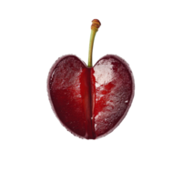 Closeup view of a halfcut red cherry showing its vibrant color and glossy texture against a transparent background, half red cherry close up on transparent background png