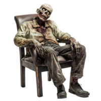 A spooky zombie sits in a chair with a haunting expression, isolated on a transparent background during Halloween, Spooky Zombie Sitting in Chair Isolated on transparent background png