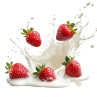 Fresh strawberries create a dynamic splash in creamy milk for a vibrant culinary presentation, Milk splash with strawberries isolated png