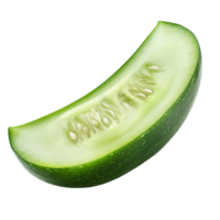 Freshly sliced green cucumber piece isolated on a transparent background ready for culinary use in salads or garnishes, slice green cucumber isolated on transparent background png