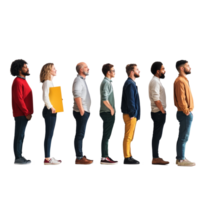 Diverse group of people waiting in line with focused expressions in a minimalist setting, Diverse people waiting patiently in line png
