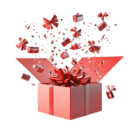 A bright red gift box overflowing with colorful presents on a clean transparent background, perfect for celebrations, Gifts bursting out from red open gift box over transparent background png