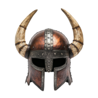 A detailed Viking helmet featuring prominent horn embellishments against a clean transparent background, Viking Helmet with Horns on transparent background png