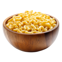 Closeup of macaroni pasta in a wooden bowl showcasing its texture and shape ready for cooking or serving, macaroni pasta close up in wood bowl isolated on transparent background png
