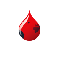 A red droplet encapsulating a globe symbolizes global health and environmental awareness, Single red droplet and earth globe flat logo for blood health event isolated on transparent background png