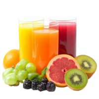 Freshly squeezed juice with vibrant fruits displayed on a transparent background for a refreshing summer treat, juice and fruits png