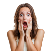 A shocked woman expressing surprise and fear with hands on her face in an isolated setting, shocked woman surprised and scared, file of isolated object on transparent background png