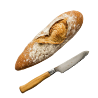 Freshly baked bread and a bread knife on a clean transparent background ready for slicing, Bread and bread knife on transparent background png