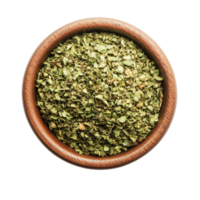 Oregano spice in a wooden bowl on a bright transparent background showcasing its rich green color and texture, Oregano spice in a bowl on transparent background png
