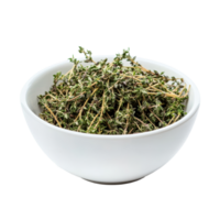 Dried thyme leaves in a transparent bowl on a clean surface for culinary use and seasoning enhancement, dry thyme leaves in transparent bowl isolated on transparent background png