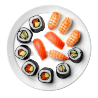 Delicious sushi assortment served on a transparent plate, featuring various rolls and sashimi ready for enjoyment, Sushi on plate isolated on transparent background png