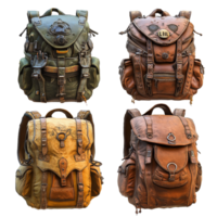 Four fantasy travel backpacks displayed against a transparent background showcasing unique designs and styles for adventurers, Fantasy Travel Backpacks Isolated on transparent background png