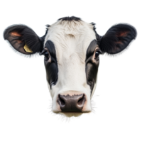 A closeup view of a cow against a transparent background highlighting its distinct black and transparent markings and inquisitive expression, snow pear top view on transparent background png