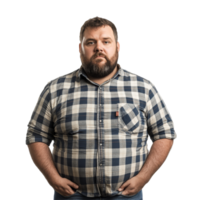 Portrait of an overweight man in a checked shirt against a transparent background, conveying confidence and selfacceptance, Overweight Man Portrait Isolated on transparent background png