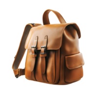Classic brown backpack with detail in an isolated setting, showcasing craftsmanship and functionality, classic brown backpack, file of isolated object with shadow on transparent background png