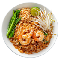 Top view of two delicious pad thai plates with shrimp, lime, and fresh herbs on a transparent table, Top view delicious two pad thai food plate on a transparent background png