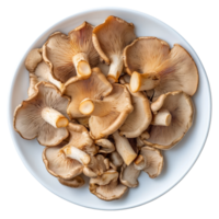 Fresh brown beech mushrooms arranged beautifully on a transparent plate against a light background, brown beech mushroom in plate isolated on transparent background png