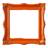 Bright orange ornate picture frame on a simple background ideal for showcasing art or photographs in a creative space, Orange blank picture framerealistic horizontal picture frame png