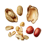 A variety of boiled and raw peanuts displayed with empty shells and skins on a neutral background, Group of peeled, unpeeled and opened shell peanuts png
