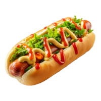 uma delicioso quente cachorro carregado com coberturas servido em uma suave pão contra uma limpar \ limpo transparente fundo, delicioso quente cachorro isolado em transparente fundo png