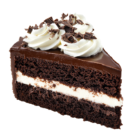 Indulgent chocolate cake slice topped with whipped cream and chocolate shavings on a transparent background, Isolated slice of chocolate cake with cream png