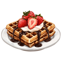 Indulge in delicious waffles drizzled with syrup and topped with fresh strawberries for a delightful breakfast, Delicious Waffles Topped with Syrup, Strawberries and chocolate On transparent png