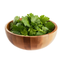 Fresh coriander leaves in a wooden bowl isolated on a transparent background, perfect for cooking and garnishing dishes, coriander leaf in wood bowl isolated on transparent background png