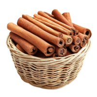 Fresh cinnamon sticks arranged in a rustic basket on a clean transparent background highlighting their rich color and texture, Cinnamon in basket on transparent background png