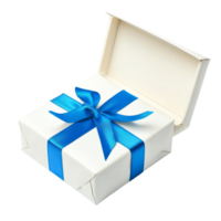 Elegant transparent gift box adorned with a vibrant blue ribbon, ready for celebration or special occasion gifting, transparent open gift box or present with blue ribbon isolated on transparent png