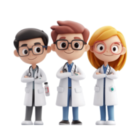 A group of cartoon student characters dressed in lab coats, exploring the world of science and learning, Group of 3D cartoon character student wearing scientific lab coat isolated on transparent png