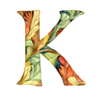 Creative representation of the consonant letter K adorned with colorful leaf patterns against a transparent backdrop for artistic expression, consonant letter k is used to make words on transparent png