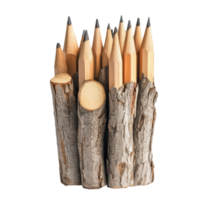 A collection of sharpened wooden pencils arranged in a rustic holder made from tree branches on a transparent background, Pencil wood on transparent backgroundfile png