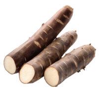 Cassava roots displayed on a transparent background showcasing their textured brown skin and creamy interior, Cassava isolated on transparent background png
