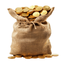 A burlap sack overflowing with gold coins resting on a transparent surface, Burlap sack full with gold coins isolated on transparent background Stock Photo png