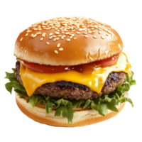 A delicious cheeseburger with melted cheese, fresh lettuce, and tomato served on a sesame seed bun for a tasty meal, cheeseburger hamburger topped with cheese isolated on transparent background png