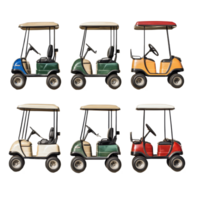 Colorful collection of golf carts arranged on a transparent background showcasing various styles and designs, Golf Carts on transparent background png