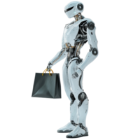 Futuristic shopping robot holding a bag in a sleek, minimalistic setting with a bright transparent background, Futuristic Shopping Robot Holding a Bag On transparent background png