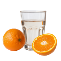 Refreshing glass of water beside whole and sliced orange on a transparent surface, Glass of water with orange fruit on transparent background png
