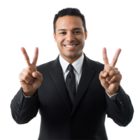 Successful businessman smiling and making victory signs in a professional suit against a plain background, file no background Successful businessman making V signs png