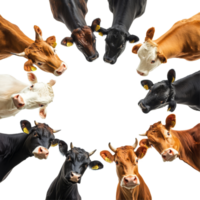 A diverse group of cows in various colors gathered together against a transparent background, group of cows of different color isolated on transparent background, png