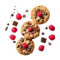 Decadent cookies topped with chocolate, Nutella, caramel, and fresh raspberries on a clean transparent surface, Chocolate Chip, Nutella, Caramel, and Raspberry Cookies on transparent background png