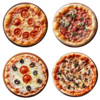 Four delicious pizzas displayed in a collage with various toppings on a transparent background for a menu selection, Collage four different pizzas for menu isolated png