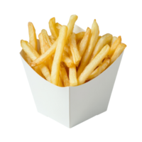 Delicious golden french fries served in a transparent paper box on a clean surface for snack time enjoyment, Front view of french fries in a transparent paper box png