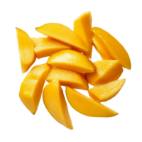 Fresh mango slices on a transparent background showcasing their vibrant color and juicy texture, mango slices on transparent background png