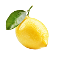 Fresh lemon with vibrant green leaf isolated on a clean transparent background for culinary and decorative use, Lemon with leaf isolated on transparent background png